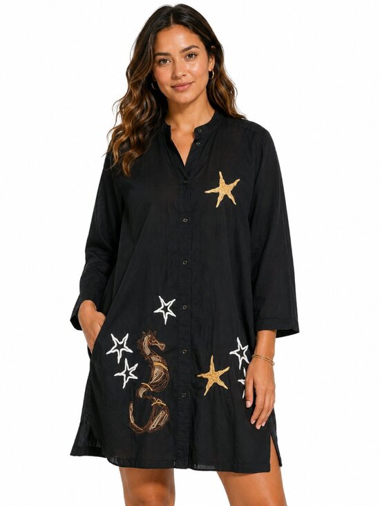 Michael Simon Tops - MICHAEL SIMON NY Black Cotton Beaded Seahorse Starfish Shirtdress Tunic Size XL